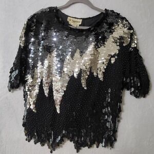 Vintage St Honore Shirt Womens Small‎ Black Sequin Beaded Silk 80s Party Top